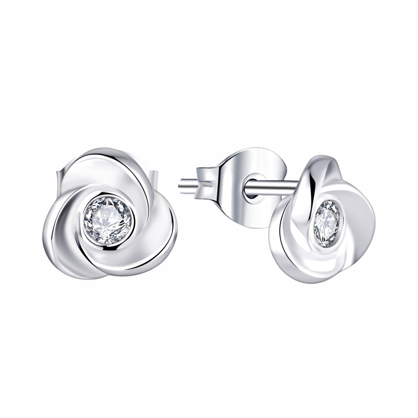 Silver earrings with clear gemstones on a white background