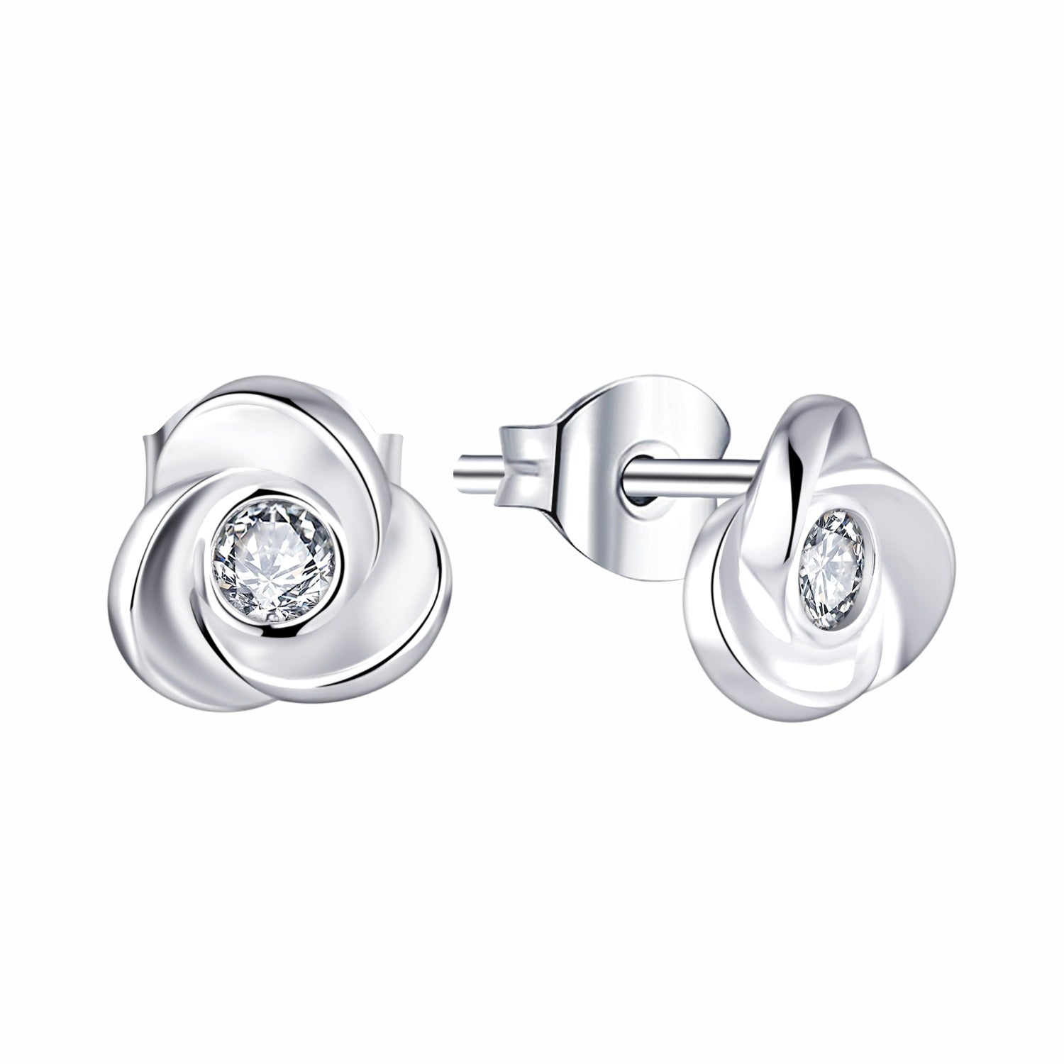 Silver earrings with clear gemstones on a white background