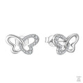 Pair of silver butterfly-shaped earrings with clear stones on a white background