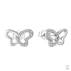 Pair of silver butterfly-shaped earrings with clear stones on a white background