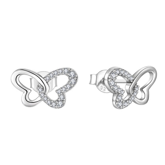 Pair of silver butterfly-shaped earrings with clear stones on a white background