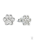 Silver paw print earring with small natural zircon gemstones on a white background