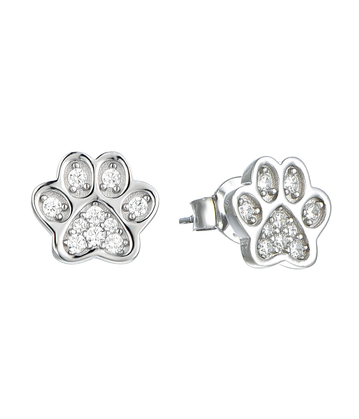 Silver paw print earring with small natural zircon gemstones on a white background