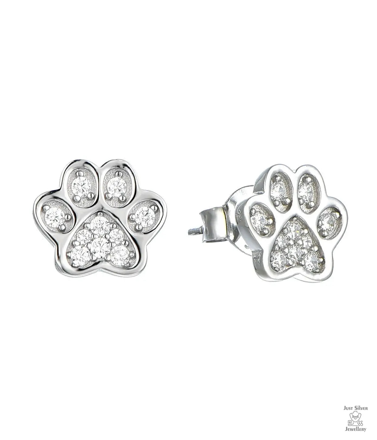 Silver paw print earring with small natural zircon gemstones on a white background