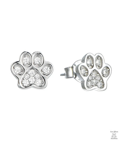 Silver paw print earring with small natural zircon gemstones on a white background