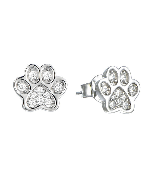 Silver paw print earring with small natural zircon gemstones on a white background
