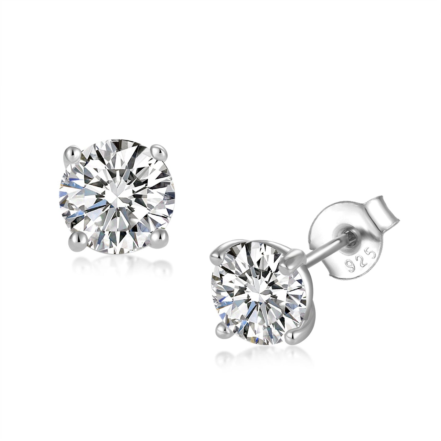Pair of silver stud earrings with clear natural zircon gemstones on a white background
