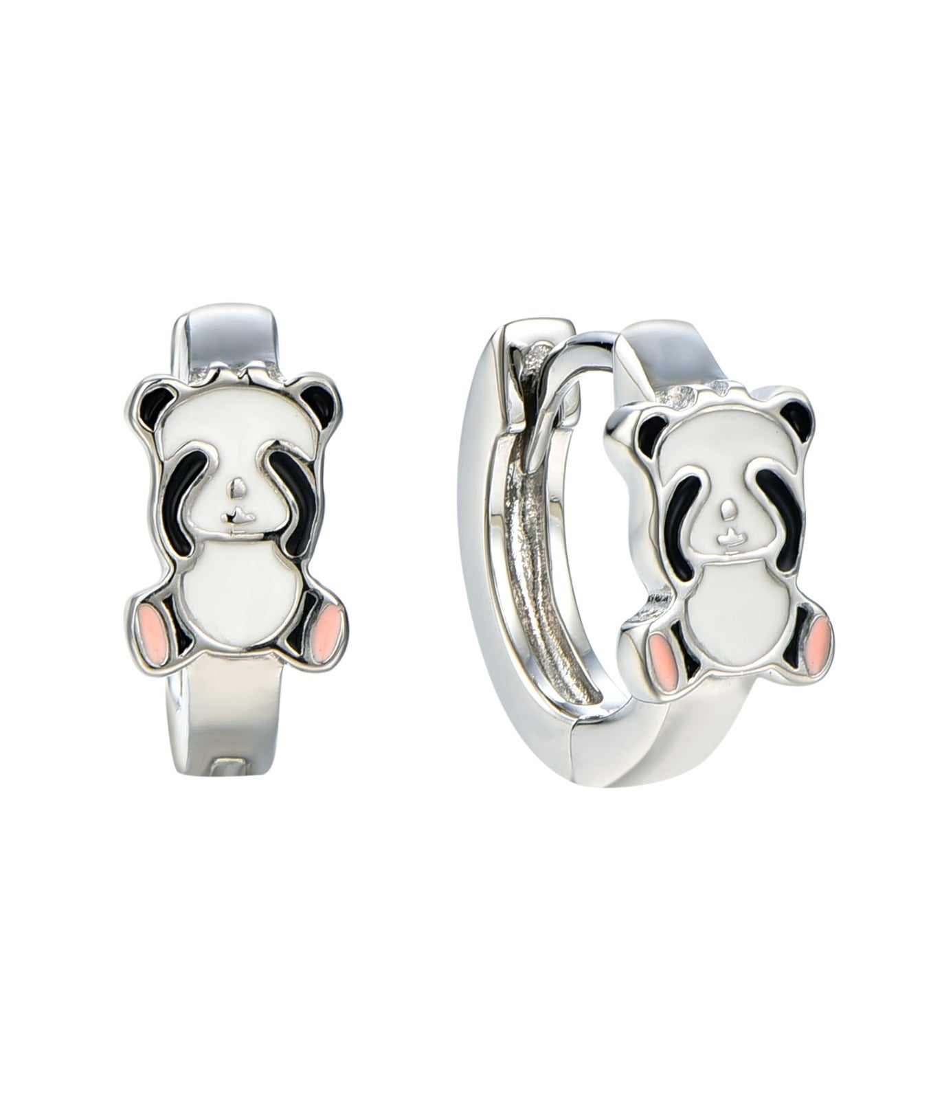 Panda-shaped hoop earrings on a white background