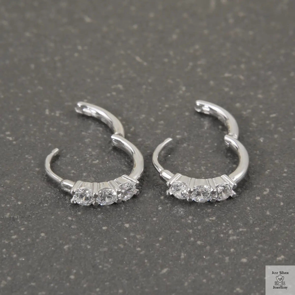 Silver Natural Clear 3 Zircon Hoop Earrings Just Silver Jewellery