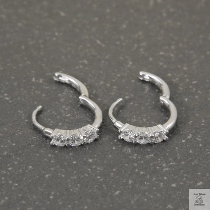 Silver Natural Clear 3 Zircon Hoop Earrings Just Silver Jewellery