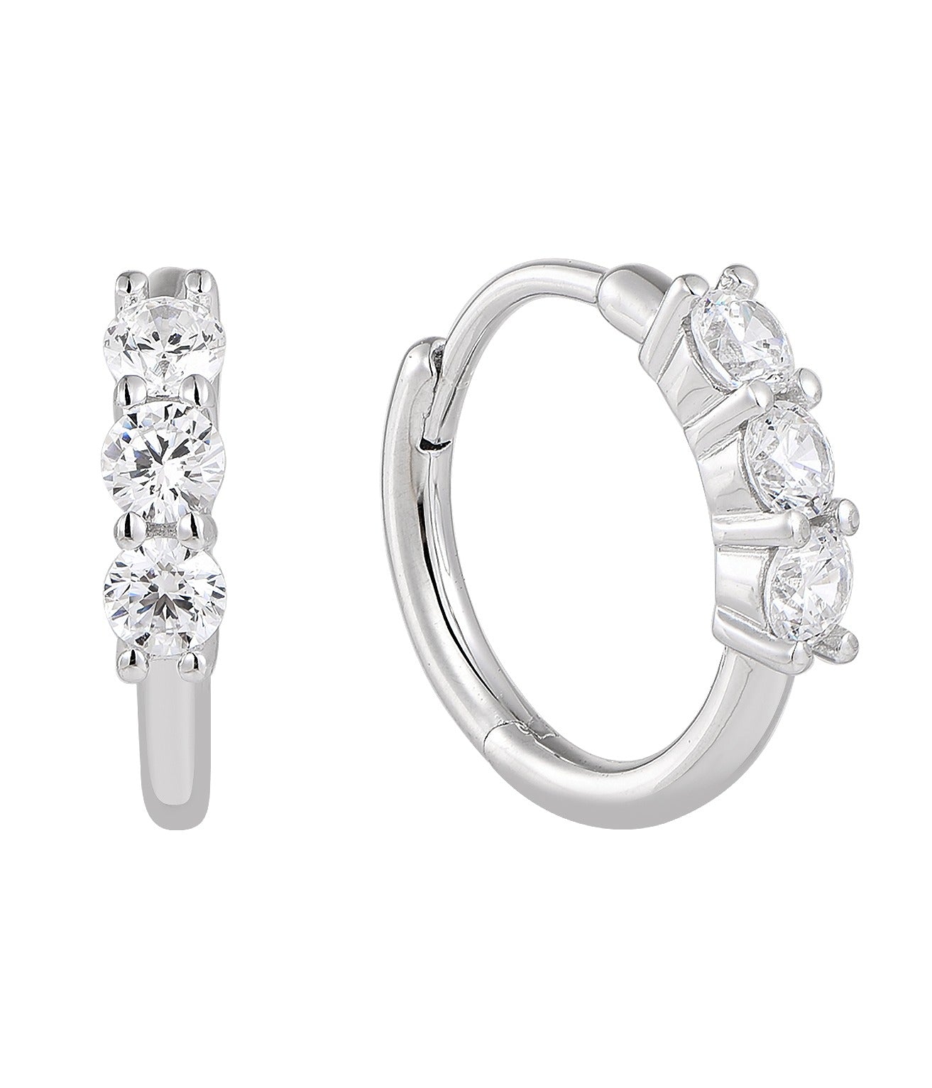 Silver hoop earrings with clear gemstones on a white background