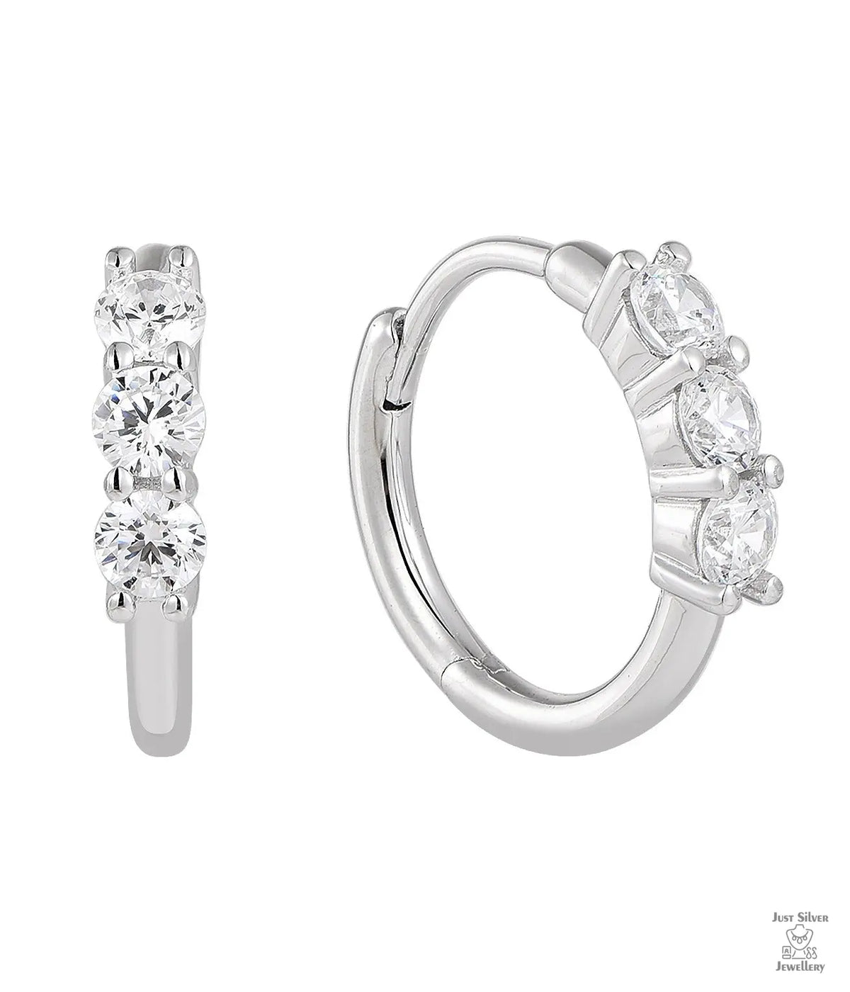 Silver hoop earrings with clear gemstones on a white background