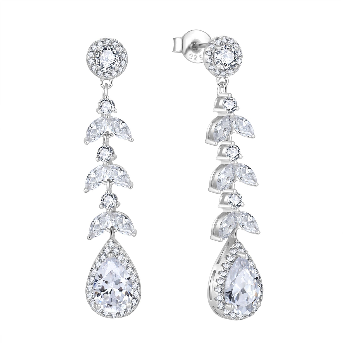 Silver earrings with clear natrual zircon gemstones on a white background