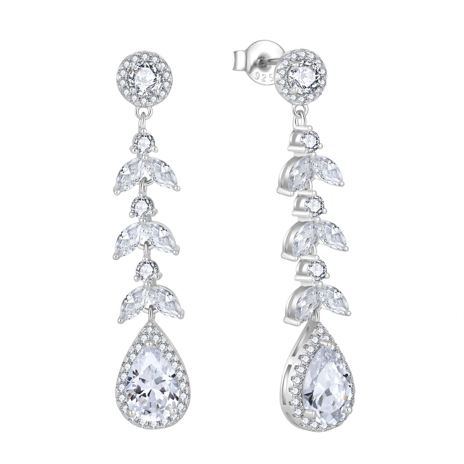 Silver earrings with clear natrual zircon gemstones on a white background