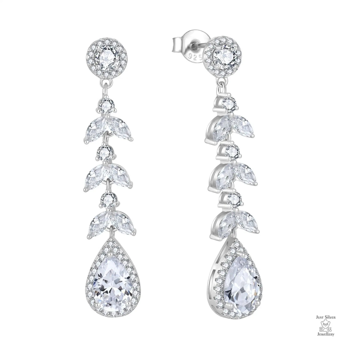 Silver earrings with clear natrual zircon gemstones on a white background
