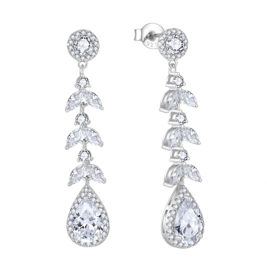 Silver earrings with clear natrual zircon gemstones on a white background