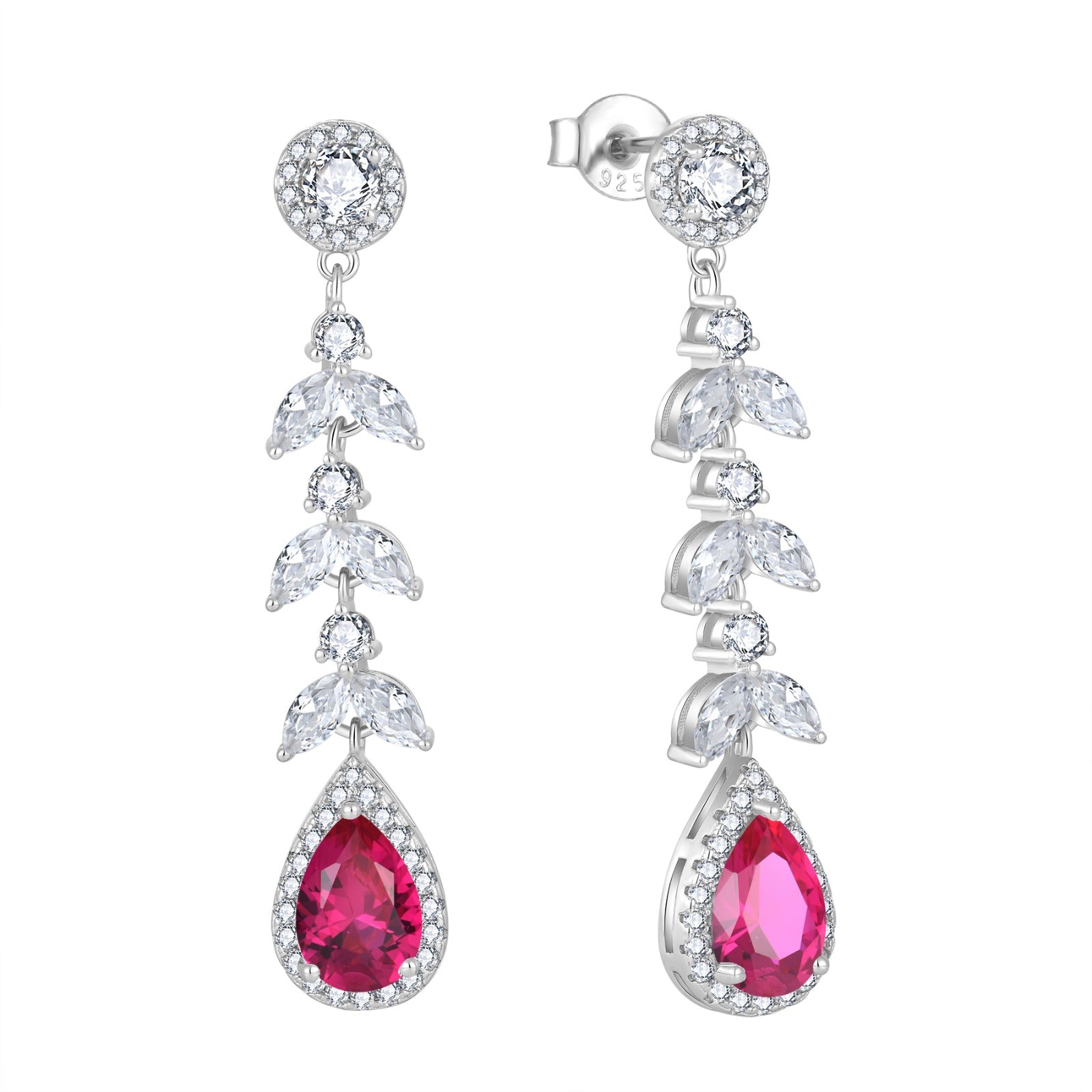 Pair of earrings with red teardrop zircon stones and leaves on a white background