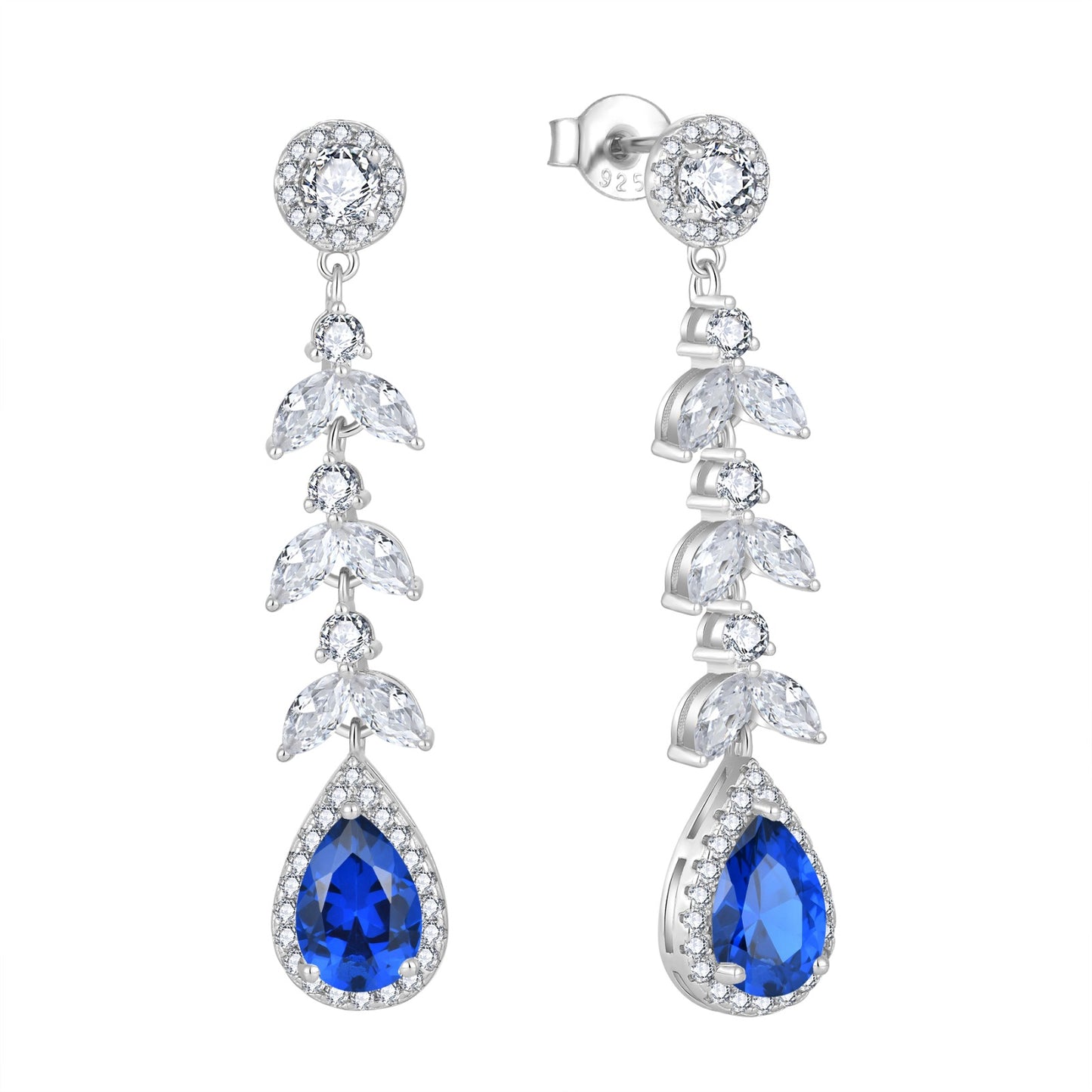 Pair of silver earrings with blue teardrop natural zircon on a white background