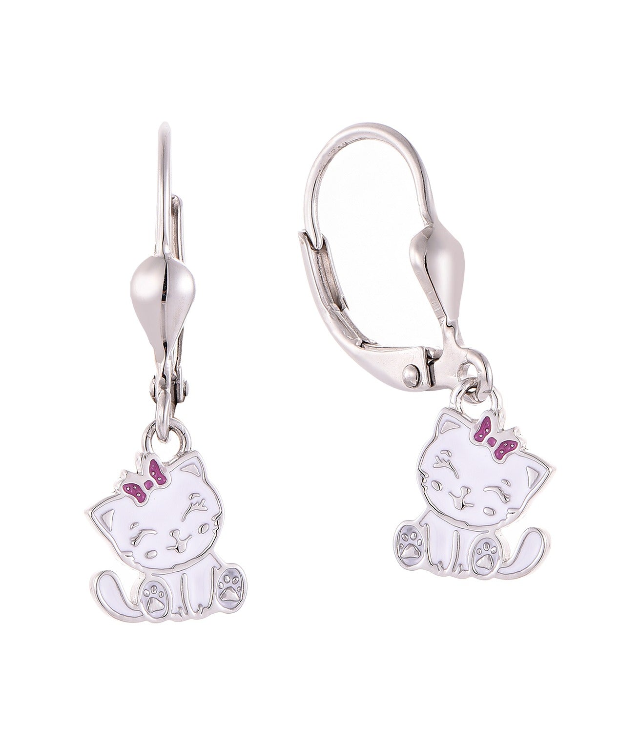 Silver cat-shaped earrings on a white background