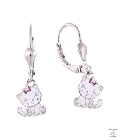 Silver cat-shaped earrings on a white background