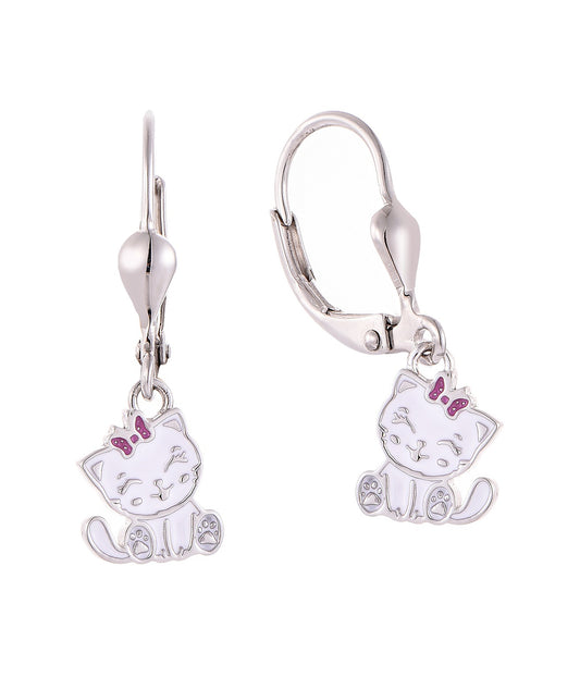 Silver cat-shaped earrings on a white background