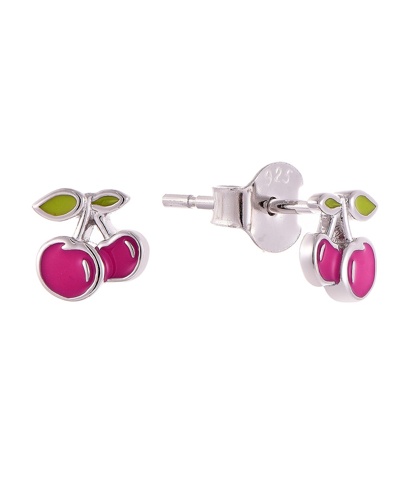 Cherry-themed stud earrings with pink and green accents on a white background
