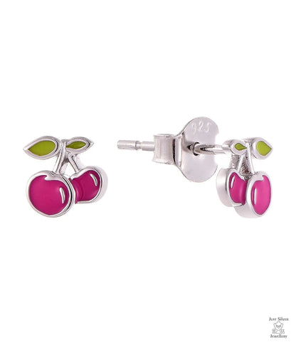 Cherry-themed stud earrings with pink and green accents on a white background
