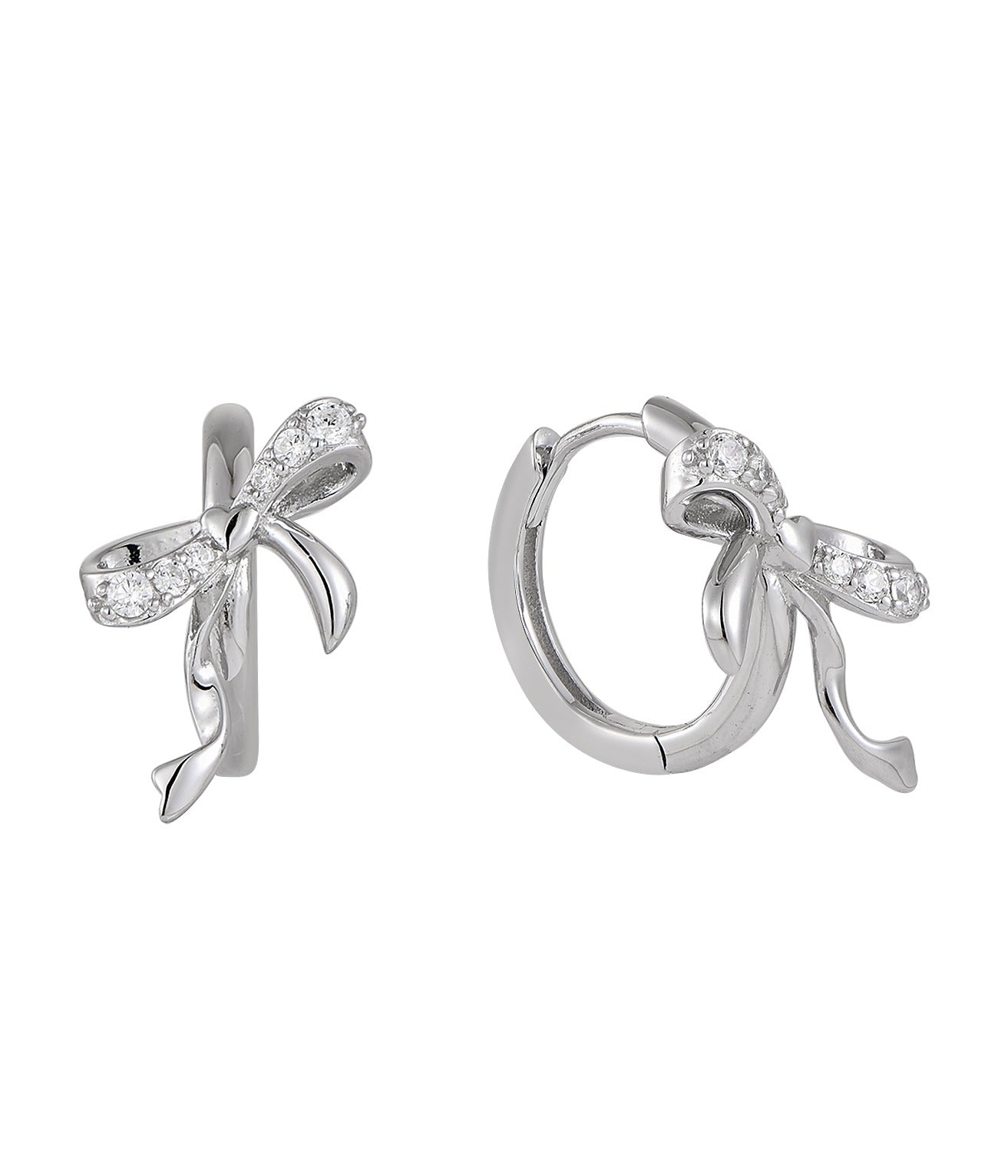 Silver bow-shaped earrings with clear zircon gemstones on a white background