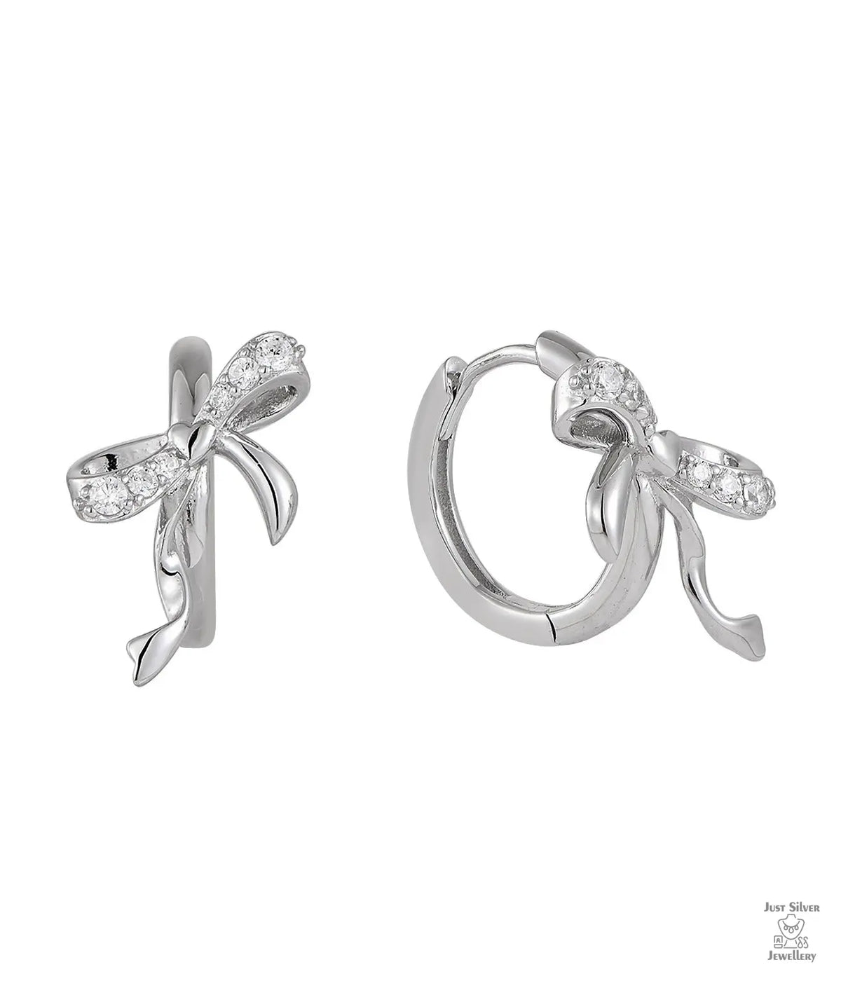 Silver bow-shaped earrings with clear zircon gemstones on a white background