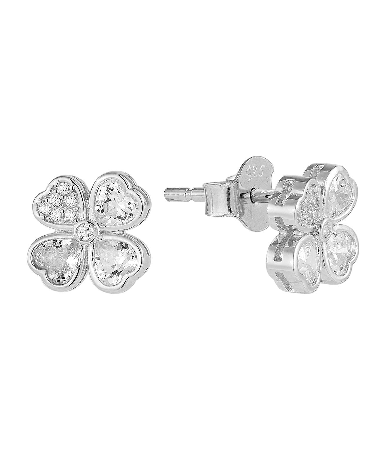 Silver four-leaf clover earrings on a white background