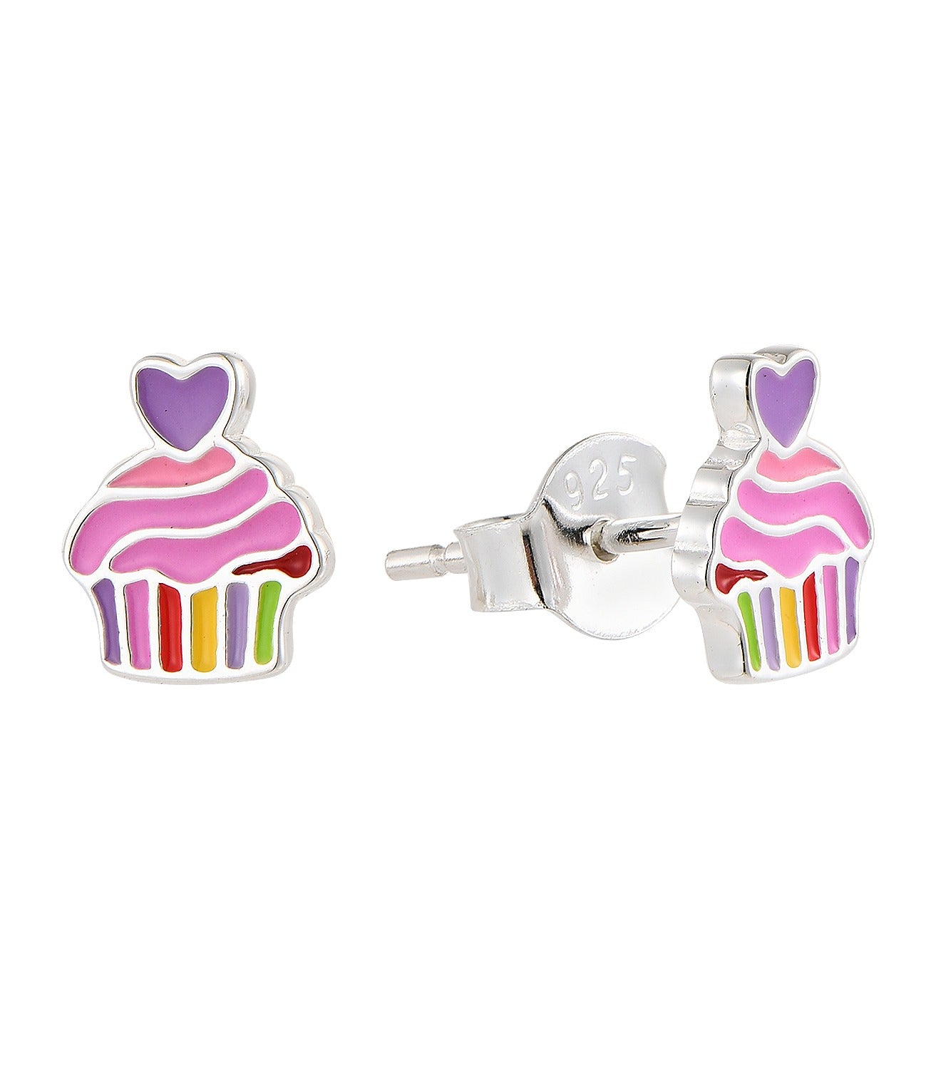 Cupcake-shaped earrings with colorful frosting and a heart on a white background