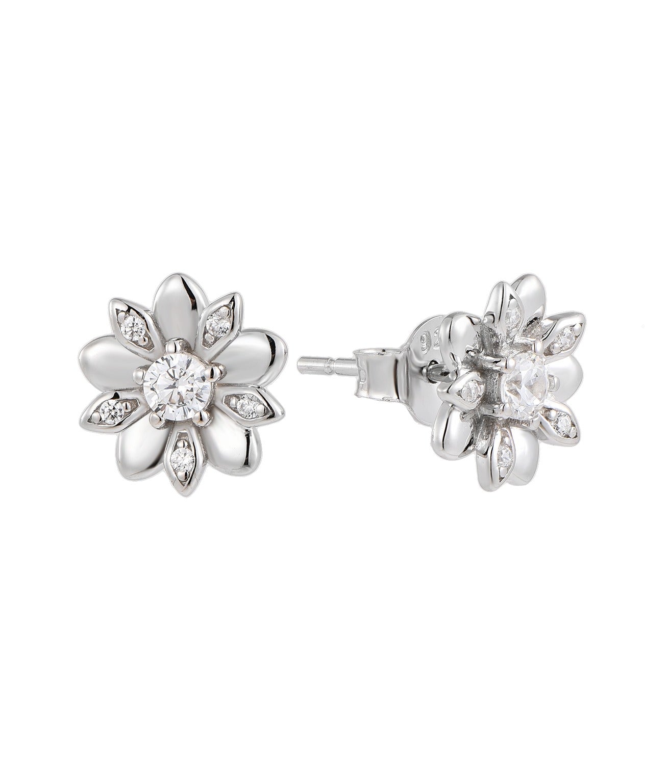 Silver flower-shaped earrings with natural zircon stones on a white background