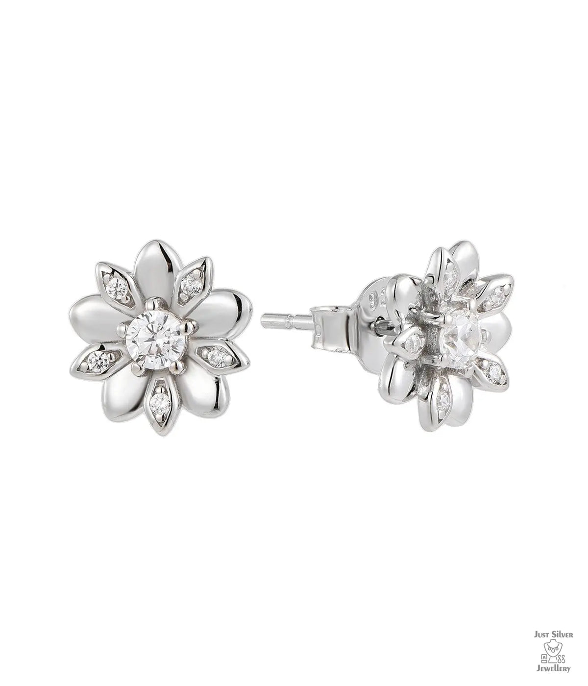 Silver flower-shaped earrings with natural zircon stones on a white background