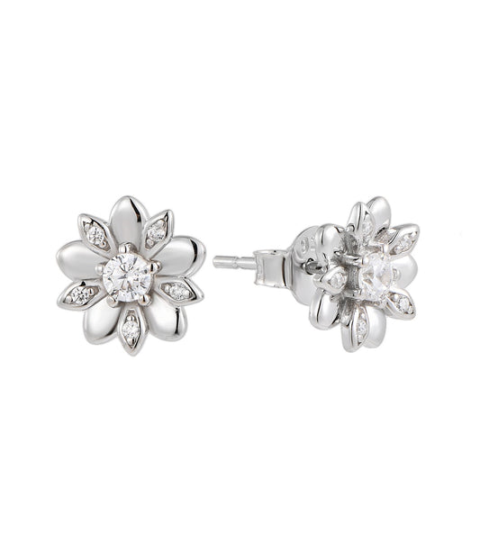 Silver flower-shaped earrings with natural zircon stones on a white background