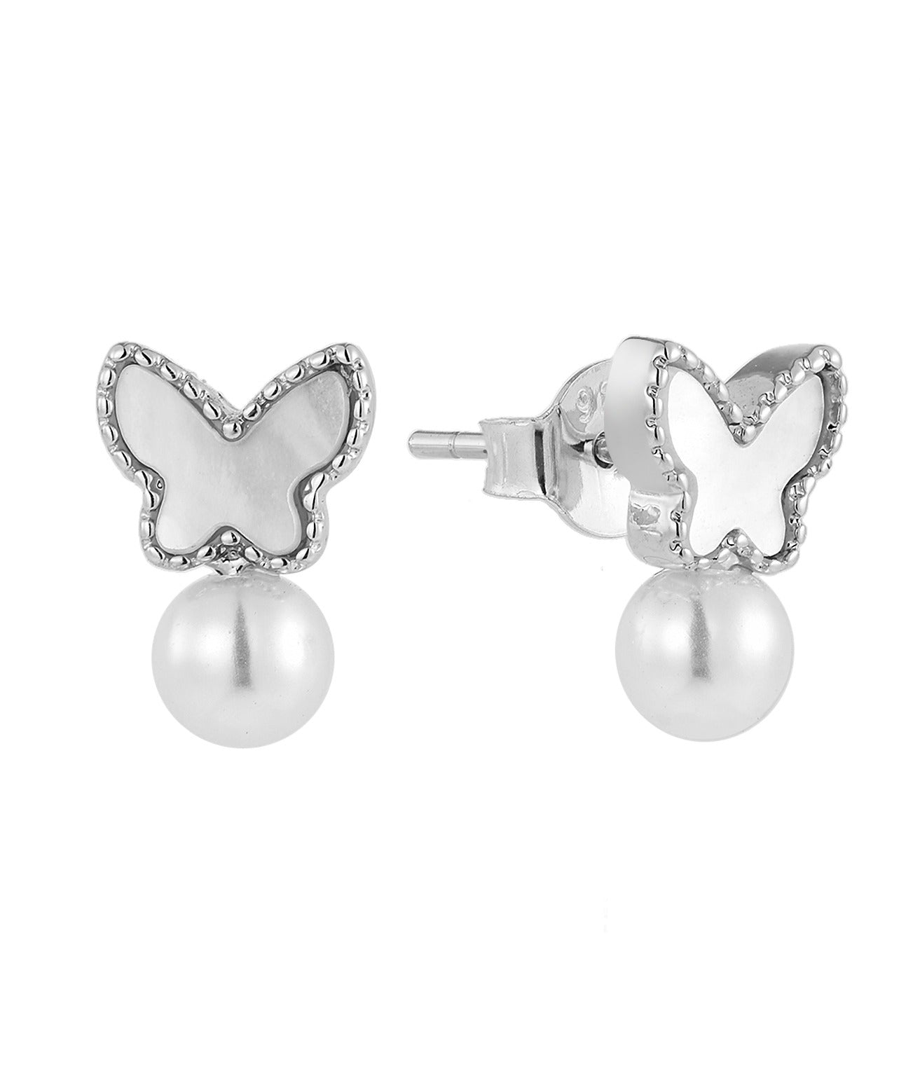 Butterfly-shaped earrings with pearl centers on a white background