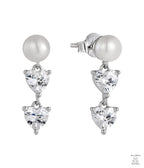 Pair of pearl and Natural Zircon heart-shaped earrings on a white background