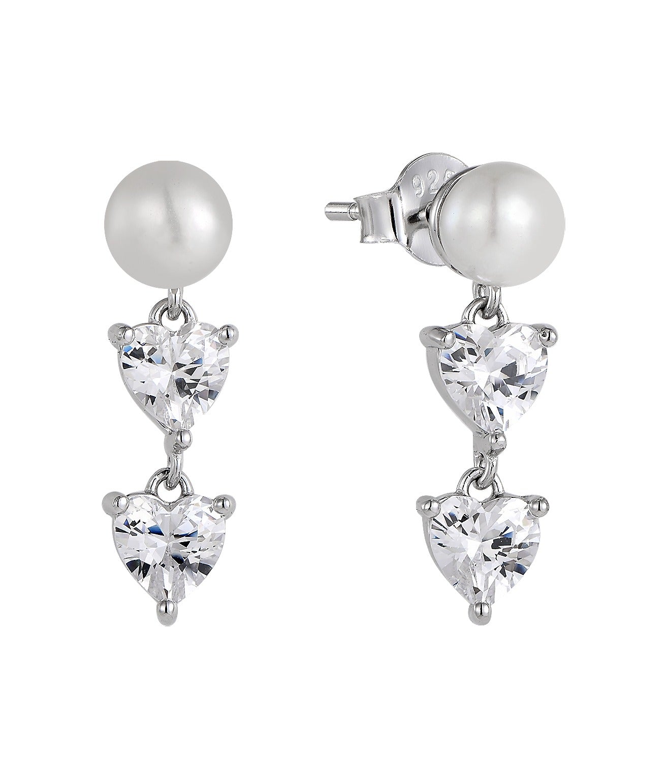 Pair of pearl and Natural Zircon heart-shaped earrings on a white background