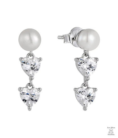 Pair of pearl and Natural Zircon heart-shaped earrings on a white background