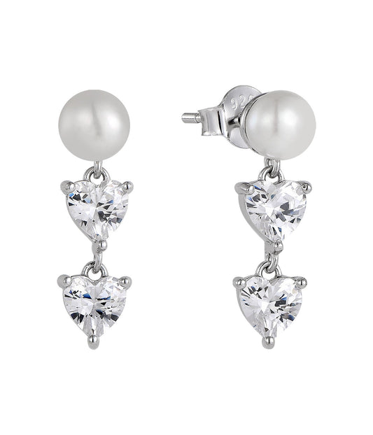 Pair of pearl and Natural Zircon heart-shaped earrings on a white background