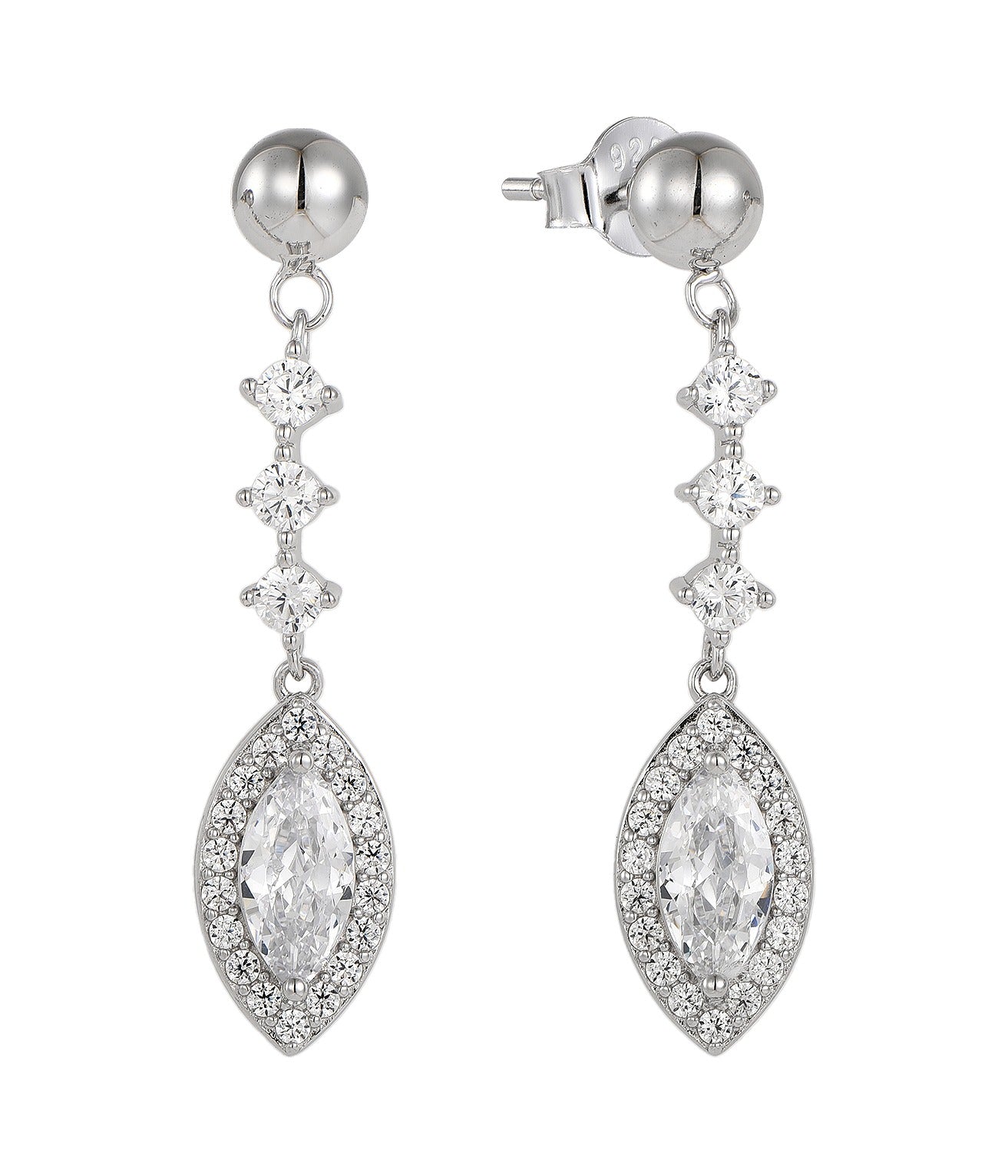 Silver earrings with natural zircon gemstones on a white background