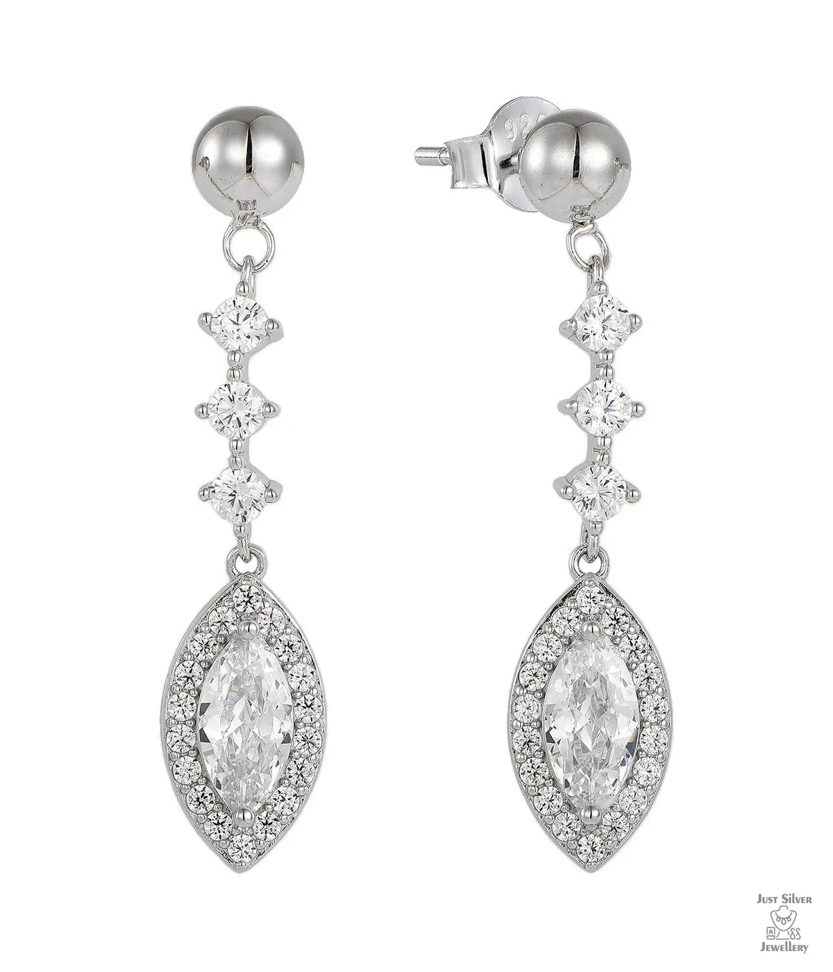 Silver earrings with natural zircon gemstones on a white background