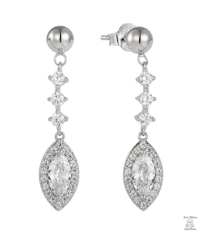Silver earrings with natural zircon gemstones on a white background
