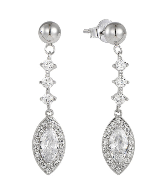 Silver earrings with natural zircon gemstones on a white background