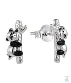 Panda-shaped silver earrings on a white background