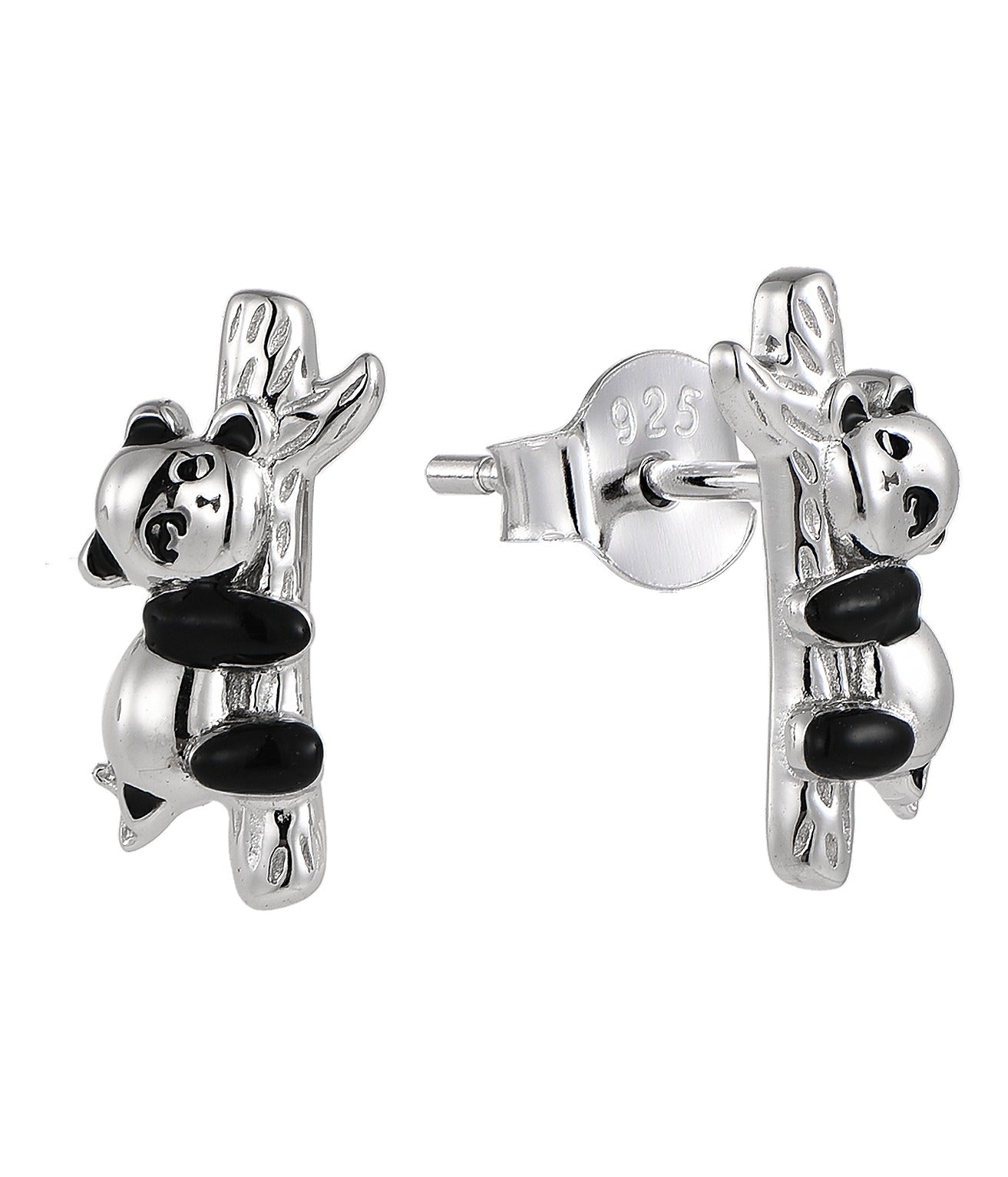 Panda-shaped silver earrings on a white background