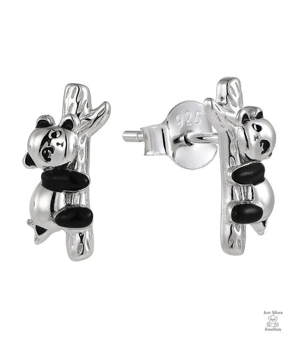 Panda-shaped silver earrings on a white background