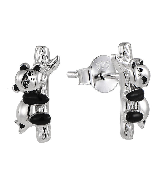 Panda-shaped silver earrings on a white background