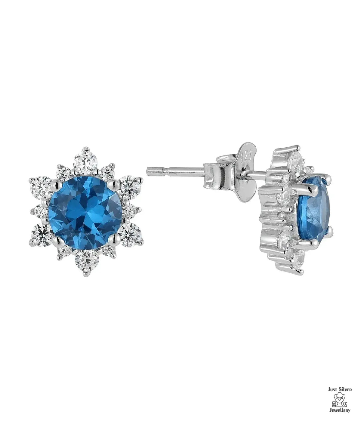 SIlver Blue Natural Zircon Flower Earring Just Silver Jewellery