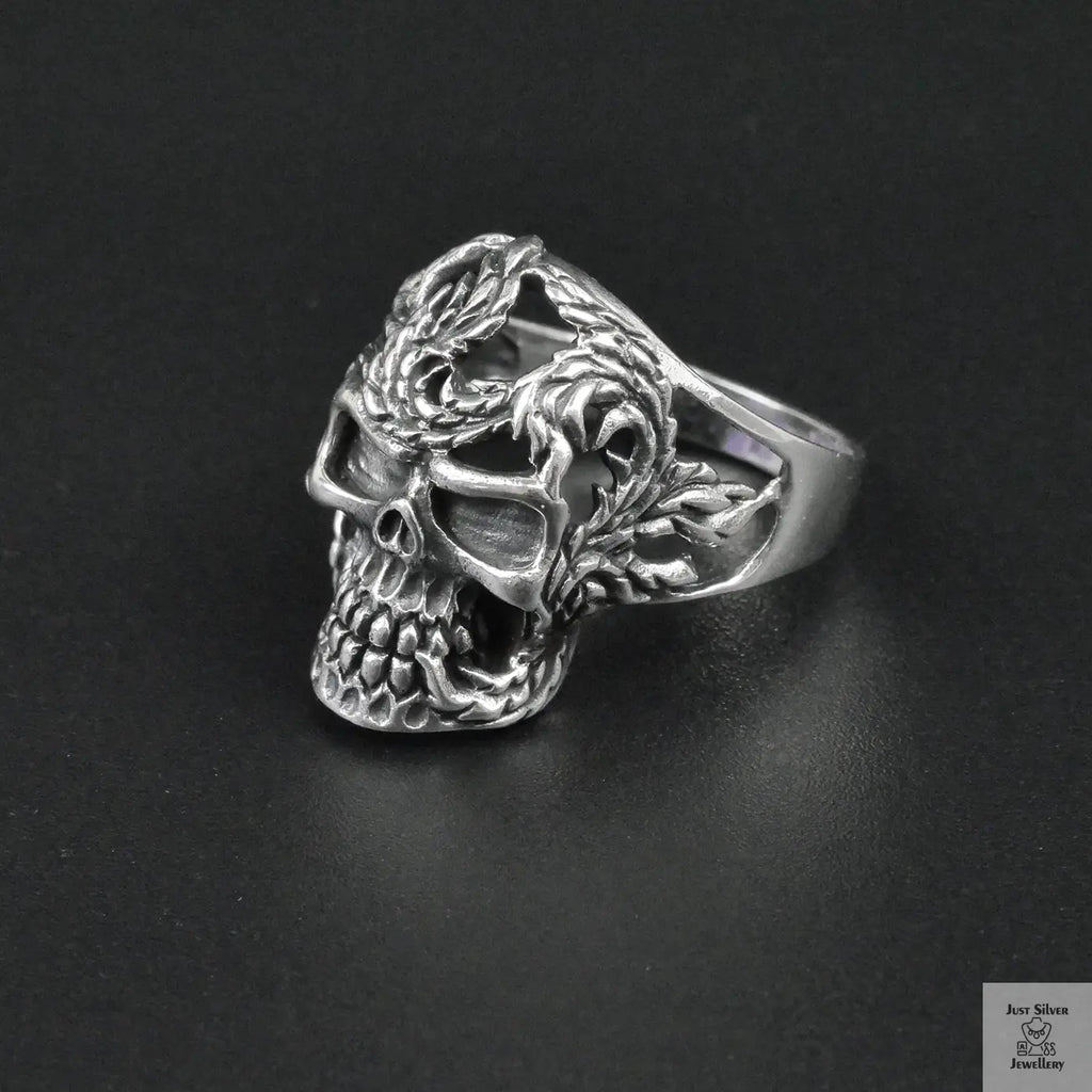 Silver Bold "Skull & Feather" Gents Ring Just Silver Jewellery