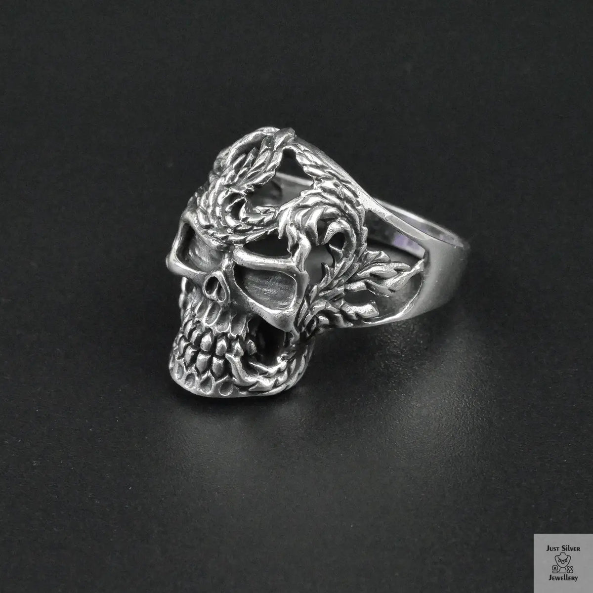 Silver Bold "Skull & Feather" Gents Ring Just Silver Jewellery